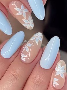 Blue Nails With White Flowers, Periwinkle Nails Designs, Blue Nails With White, Nails With White Flowers, Almond Nail Design Ideas, Blue Fake Nails, Periwinkle Nails, Blue Christmas Nails, Nails With White