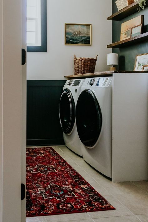 Small Laundry Room Aesthetic, Laundry Room Rental Ideas, Laundry Room Rental, Small Moody Laundry Room, Mexican Laundry Room, Rental Laundry Room, Moody Laundry Room Ideas, Cozy Laundry Room, Moody Laundry Room