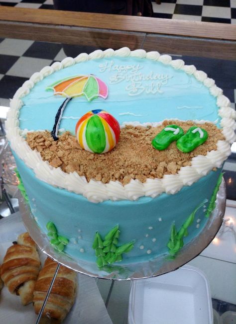 Beach theme cake! 9" for $50 at the Mockingbird! Beach Decorated Cake, Easy Beach Theme Cake, Easy Beach Cake, Beach Theme Cake For Kids, Beach Theme Cakes Birthday, Seaside Birthday Cake, Beach Themed Birthday Cakes, Beach Cake Ideas, Beach Theme Birthday Cake