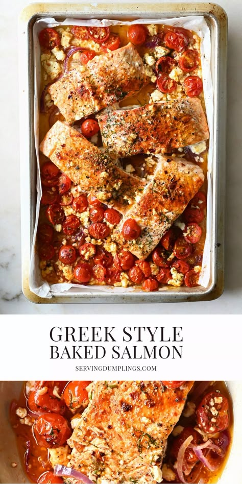 Mediterranean Diet Recipes With Salmon, Greek Baked Salmon, Salmon Recipes Tomato, Baked Salmon With Feta Cheese, Baked Salmon With Tomatoes, Greek Baked Fish, Mediterranean Style Recipes, Mediterranean Salmon Bake, Salmon Recipes Baked Mediterranean