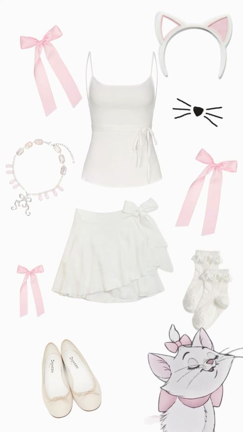 Pink Costume Halloween, Halloween Pink Costume, Pink Coquette Outfit, Marie From Aristocats, Halloween Rave Outfits, Pink Halloween Costumes, White Halloween Costumes, Halloween Coquette, Cute Group Halloween Costumes