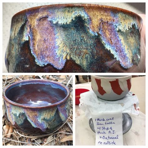 Iron luster, then strips of ancient jasper, then oatmeal over Oatmeal Over Iron Luster Glaze, Cool Glaze Combinations, Amaco Cone 6 Glaze Combinations, Amaco Glaze Layering Oatmeal, Amaco Mulberry Glaze Combinations, Amaco Oatmeal Glaze Combinations, Iron Luster Glaze Combinations, Iron Luster Glaze, Oatmeal Glaze Combinations