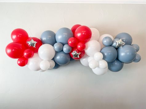 Red White Blue Balloon Garland, Patriotic Balloon Garland, Memorial Day Balloons, Red White Blue Balloons, July First Birthday Party Boy, Red White And Blue Balloons, Fourth Of July Balloon Garland, Red White And Blue Balloon Arch, Fourth Of July Balloons