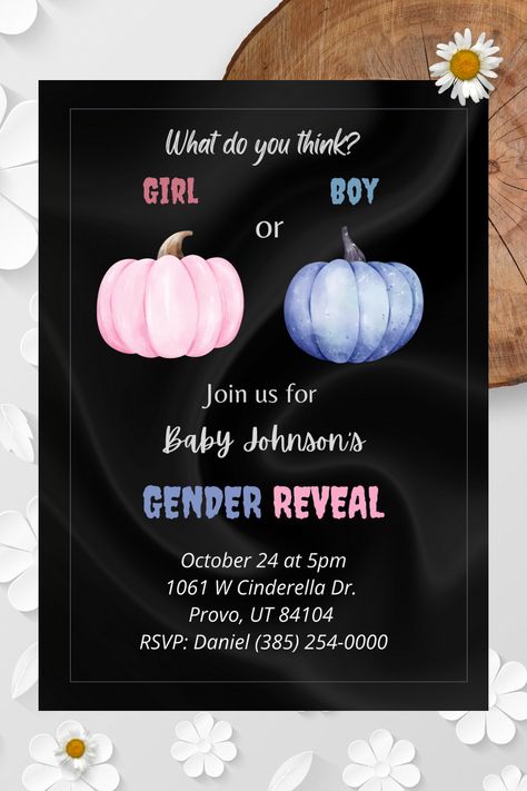 Pumpkin Gender Reveal Invitation, Girl or Boy Halloween Theme, Pink or Blue Fall Baby Party, Editable Digital Invite, Instant Download, Printable, Electronic Pumpkin Gender Reveal, Halloween Gender Reveal, Gender Reveal Party Theme, Gender Reveal Themes, Boy Halloween, Theme Pink, Gender Reveal Invitations, Digital Invite, Halloween Boys