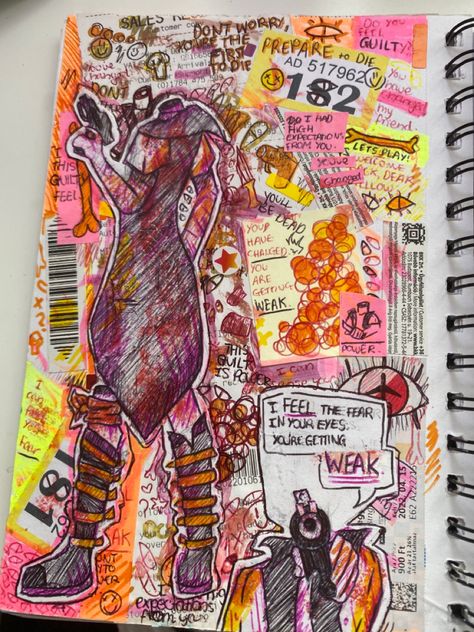 Sketchbook Pages Messy, Weirdcore Oc Challenge, Punk Sketchbook, Sketchbook Layout, Sketchbook Inspo, Sketch Books, Notes Art, Art Journal Therapy, Grunge Art