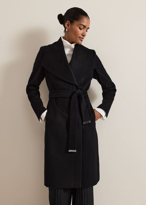 Crafted From A Soft, Recycled Wool-Rich Blend, Our Black Coat Is Designed To A Classic Wrap Shape And Features Statement Lapels, Two Front Pockets And A Waist Belt With Metal End Detailing. You'Ll Be Wrapping This Around All Of Our New Season Outfits, To Finish Every Look.This Style Is Responsibly Sourced. This Item Has Been Made Using Certified Recycled Wool Fibre.Find Out More About The Fibres We Use Here.Model Wears Uk Size 10 And Is 5'10/179Cmregular Fit. Coat Guide, Season Outfits, Formal Coat, Christmas Party Outfits, Black Wool Coat, Eve Outfit, Stylish Coat, Belted Coat, Bride Style