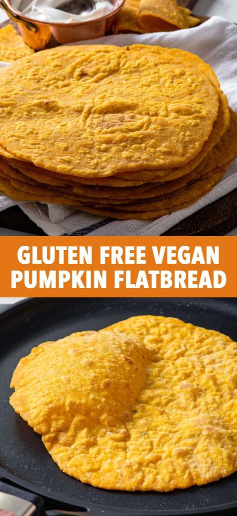 Easy Gluten Free Pumpkin Flatbread - This gluten free pumpkin flatbread is simply PERFECT: super soft and flexible, as well as really quick and easy to make. You need just 8 ingredients, the dough comes together in no time and the flatbreads roll out beautifully, without any cracking, crumbling or tearing. Gluten free vegan recipes. Lunch ideas. Thanksgiving recipes. Thanksgiving side dish. Gluten free flatbread. Gluten free tortillas. Pumpkin tortillas. Gf Pumpkin Roll Recipe, Pumpkin Wrap Recipe, Pumpkin Tortillas, Pumpkin Flatbread, Gluten Free Tortilla Recipe, Winter Sides, Gluten Free Flour Tortillas, The Loopy Whisk, Loopy Whisk