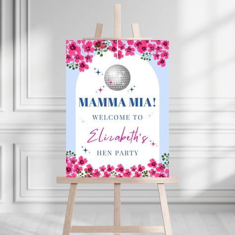 Editable Mamma Mia Hen Bachelorette Welcome Sign | Mamma Mia Disco | Blue And White Greek Hen Bach Welcome Board | Dancing Queen Mamma Mia Disco, Disco Bachelorette, 17th Birthday Ideas, Welcome Board, Bridal Shower Printables, Bridal Invitations, Bridal Shower Welcome Sign, Birthday Party 21, Bach Party