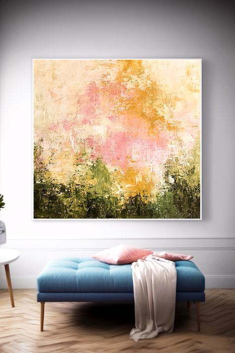 Original handmade abstract painting featuring soft pink, green, and golden tones with textured brushstrokes on canvas Green Abstract Painting, Pink Painting, Green Abstract, Painting Abstract, Earthy Tones, Soft Pastel, Figurative, Color Splash, Pink And Green