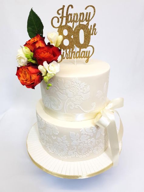 80th Birthday cake by Cake Addict 2 Tier 80th Birthday Cake, 80th Cake For Grandma, Cake For 80th Birthday Women, 80 Birthday Cake Woman, Birthday Cake Blue And Gold, Birthday Cake White And Gold, 80th Birthday Cakes For Women, 80th Birthday Cake For Grandma, 80th Birthday Cake Ideas