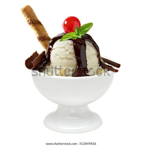 Vanilla Sundae, Sundae Ice Cream, Mint And Chocolate, Ice Cream Sauce, Chocolate Curls, Hot Fudge, Sweet Cherries, Banana Split, Ice Cream Sundae