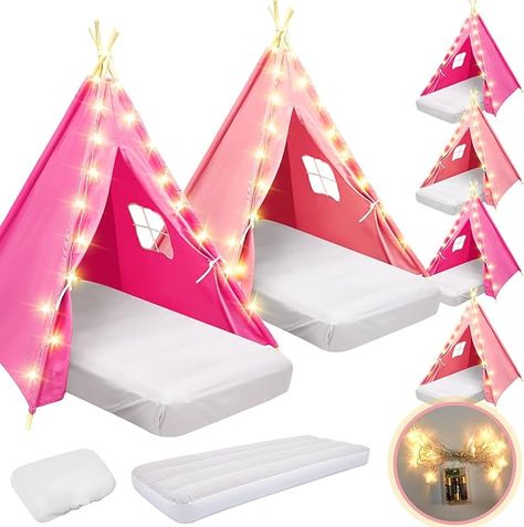 Amazon.com: Lemosae 6 Pack Teepee Tent for Kids Bulk with Inflatable Airbed,String Light and Fitted Sheet, Natural Cotton Washable Toddler Play Tent for Girls Boys Slumber Party Indoor Outdoor(Pink, White) : Toys & Games Slumber Party Tents, Toddler Play Tent, Toddler Teepee, Toddler Tent, Childrens Teepee, Tent For Kids, Indoor Tents, Kids Teepee Tent, Sleepover Birthday Parties