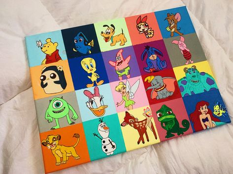 disney characters Cartoon Character Canvas Painting, Cartoon Collage Painting, Disney Characters Paintings, Acrylic Painting Cartoon Characters, Disney Character Paintings, Cute Disney Paintings Easy, Encanto Painting, Disney Character Paintings On Canvas, Easy Disney Paintings