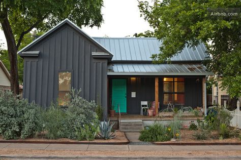 Love this house! (https://www.airbnb.com/rooms/289832) We are going to go with a green door as opposed to the super light blue Argent. I would love to xeriscape, add some natural timber and a metal roof. Love, love, love, love. Vertical Board And Batten, Green Metal Roof, Green Roof House, Metal Roof Houses, Black Houses, Exterior House Color, Cabin Exterior, Dark House, Green Metal