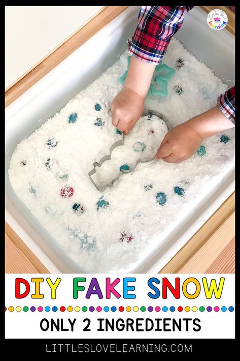 DIY Fake Snow Recipe for messy play that only needs 2 ingredients! This EASY recipe can be made in less than 2 minutes & is the perfect winter sensory play idea for preschool, pre-k, & kindergarten. You probably already have these simple ingredients at home (baking soda & white hair conditioner) that you mix together to create silky-smooth & COLD fake snow! Pair this DIY Snow with any FREE winter preschool printable (this post includes 4 freebies) for hours of learning, play, and FUN! #sensory Play Snow Recipe, Fake Snow Recipe, Winter Sensory Play, Sensory Snow, At Home Baking, Winter Sensory Bin, Messy Play Activities, Snow Recipe, Winter Sensory