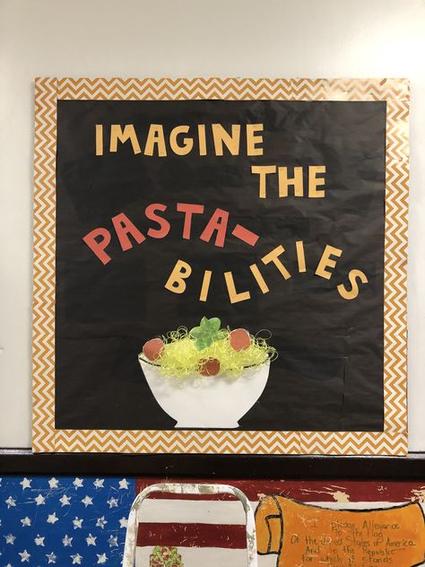 We’re kicking off M-STEP testing with a fancy pasta dinner. Our bulletin board was the first step — the kids are excited! Pasta Bulletin Board, Restaurant Bulletin Board Ideas, School Cafeteria Decorations Ideas, Culinary Bulletin Boards, School Lunch Bulletin Board Ideas, School Cafeteria Bulletin Board Ideas, School Kitchen Bulletin Board Ideas, Lunch Bulletin Board Ideas, Cooking Bulletin Board