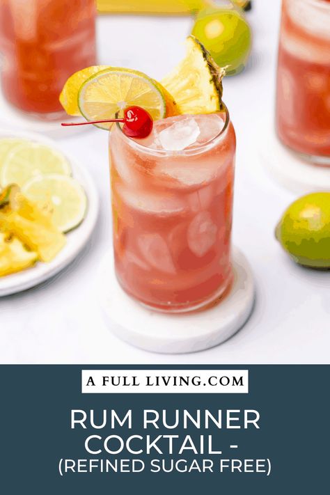 A fun and fruity cocktail recipe without all the added sugar. This rum runner cocktail is vibrant and delicious, without all the calories! #RumRunner #RumCocktails #RefinedSugarFree Low Carb Liquor, Fruity Cocktail Recipes, Low Carb Bars, Rum Runner, Fruity Cocktail, Low Carb Cocktails, Recipe Low Carb, Sweet Cocktails, Rum Cocktails