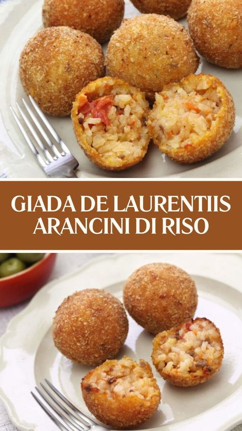 Giada De Laurentiis Arancini Di Riso Rice Balls Italian, Stuffed Rice Balls, Italian Arancini, Artichoke Risotto, Basic Risotto, Risotto With Peas, Risotto Balls, Green Salad Dressing, Giada De Laurentiis Recipes