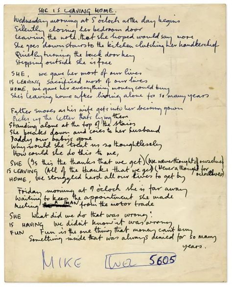 Paul McCartney’s handwritten lyrics for She’s Leaving Home | The Beatles Bible Beatles Painting, Paul Mccartney Live, Handwritten Lyrics, The Beatles Live, Beatles Lyrics, Beatles Albums, Paul And Linda Mccartney, John Lennon Paul Mccartney, Beatles Photos