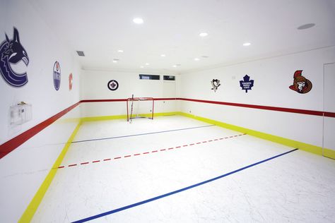 How about an authentic, properly proportioned indoor hockey  room? No matter how special the  request, we will create it for you. Indoor Hockey, Hockey Bedroom, Hockey Room, Hockey Decor, Dream Basement, Hockey Training, Basement Plans, Man Cave Home Bar, Sports Room