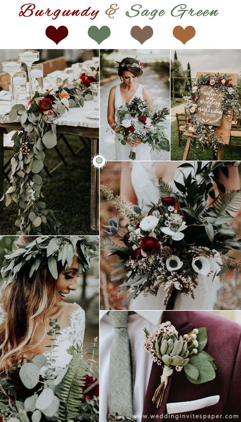 2019 Trendiest Marsala/Burgundy Wedding Colors--marsala and sage green wedding with green leaves centerpieces, bouquets, and bridal crown, fall and winter weddings . Most Popular Wedding Colors, Wedding Colors For Fall, Green And Burgundy Wedding, Burgundy Wedding Colors, Popular Wedding Colors, Wedding Themes Summer, Green Wedding Colors, Winter Wedding Colors, Sage Wedding