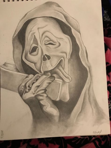 2 Faced Drawings, Ghostface Sketch Drawing, Spm Drawing, Boogeyman Drawing, Scream Knife Drawing, Scream Drawing Ideas, How To Draw Scream, Ghost Face Drawing Scream, Art Sketches Halloween