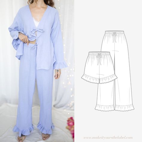 ✨PDF sewing pattern for a pair of fabric trousers / shorts with ruffles ✨ **Digital product**Not a physical product** ➡️ THE CUT AT A GLANCE ☾ Loose, slightly oversized fabric trousers / pajama pants with ruffles and elastic waistband as a closure ☾ Straight fit, comfortable fit ☾ Two hem options in the pattern: ruffles and regular hem ☾ SKILL LEVEL: for motivated sewing beginners ☾ Sewing time: ~ 2-3h ➡️ INCLUDED IN DOWNLOAD ☾ PDF sewing pattern in 12 sizes: EU 34-56 (=UK 6-28, US 4-26) ☾ Each size on one level. This allows you to print individual sizes and the pattern is clearer ☾ A4 & A0 sewing patterns (A0 = 3 pages, A4 = 42 pages) ☾ The A0 file is projector / beamer compatible ☾ Illustrated step-by-step sewing instructions for all versions ☾ Detailed YouTube sewing instructions: https Pajama Sewing Pattern, Sewing Pattern Pants, Pajamas Sewing Pattern, Shorts With Ruffles, Sewing Beginners, Ruffled Shorts, Beginners Sewing, Pattern Pants, Wide Leg Lounge Pants