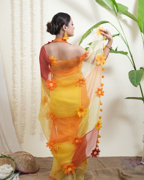 Introducing the radiant Surajmukhi Saree! 🌼✨ Made from luxurious organza in stunning shades of yellow and orange, this saree is adorned with beautiful floral appliqué. Perfect for adding a vibrant touch to your festive wardrobe. Celebrate in style with this showstopper! 🌸💫 #SurajmukhiSaree #SaveAsStyle #OrganzaSaree #FestiveFashion #FloralApplique #SustainableFashion #NewLaunch #CelebrateInStyle Applique Saree, Haldi Saree, Birthday Wishes For A Friend Messages, Fancy Sarees Party Wear, Organza Saree, Fancy Sarees, Designer Sarees, Floral Applique, Shades Of Yellow