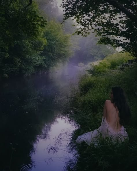 River Nymph Aesthetic, Woman Coming Out Of Water, Gentle Photography, Stream Photoshoot, River Photoshoot Ideas, Mist Aesthetic, River Nymph, Girl In Forest, Gentle Aesthetic