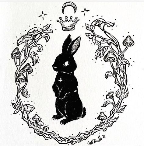 Hase Tattoos, Crown Stencil, Bunny Tattoos, Rabbit Tattoos, Art Mignon, Spring Equinox, Occult Art, 5x7 Print, Tattoo Flash Art