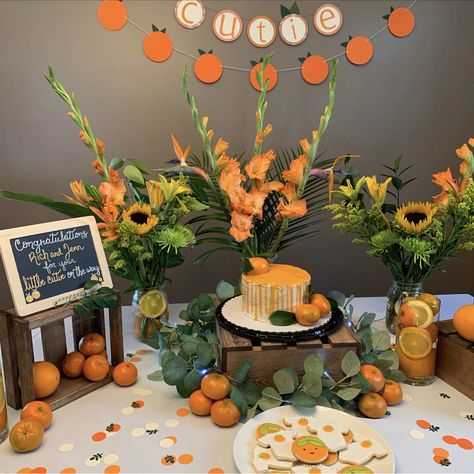 Cutie Birthday Party, Cutie Party, Fall Baby Shower Themes, Peach Baby Shower, Orange Baby Shower, Baby Shower Yellow, Baby Shower Inspiration, Boy Baby Shower Themes