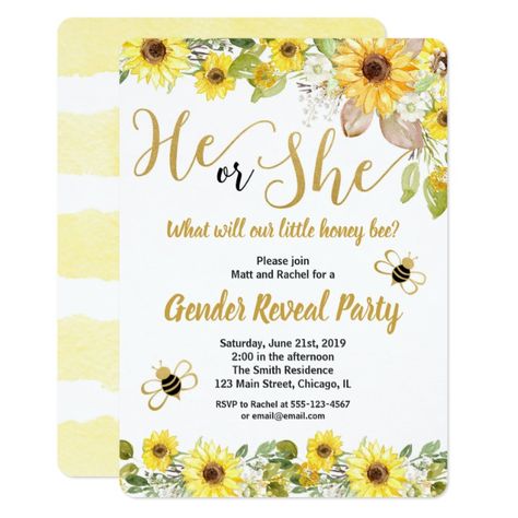 Bumble bee and sunflowers gender reveal invitation #Ad , #spon, #gender#reveal#invitation#sunflowers Yellow Baby Shower Invitations, Sunflower And Bee, Bee Baby Shower Invitations, Bee Gender Reveal, Boy Shower Invitations, Baby Shower Yellow, Bumble Bee Baby Shower, Bee Baby, Bee Baby Shower