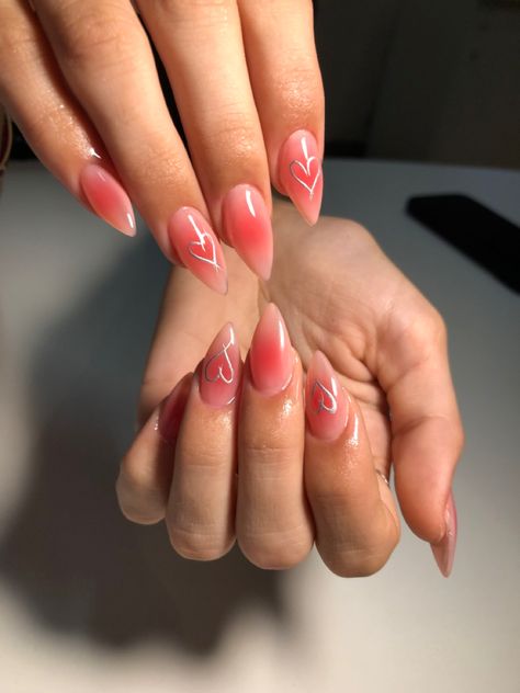 Aura Nails With Heart, Aura Metallic Nails, Valentine’s Day Aura Nails, Metallic Heart Nails, Aura Toe Nails, Heart Aura Nails, Nude Aura Nails, Sunset Aura Nails, Nails For Anniversary