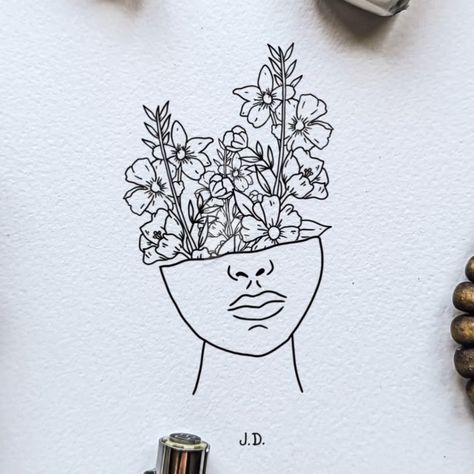 Flowers Growing Out Of Head Drawing, Head With Flowers Drawing, Flowers Coming Out Of Head Drawing, Flowers Growing Out Of Body Drawing, Head With Flowers Coming Out Drawing, Flower Hat Drawing, Flower Head Art, Flower Crown Drawing, Head With Flowers