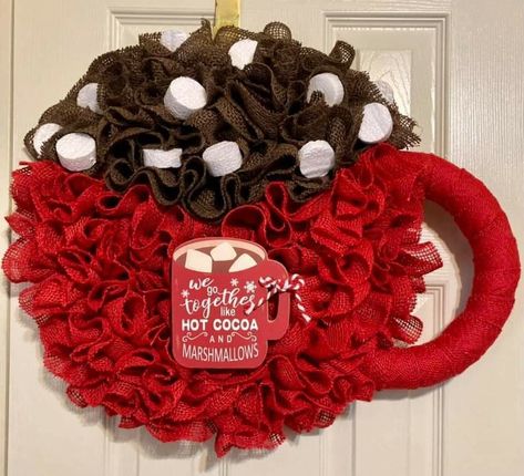 Hot Cocoa Wreath Diy, Holiday Deco Mesh Wreaths, Nome Wreath, Marshmallow Wreath, August Decorations, Unique Wreath Ideas, Wreath Methods, Butterfly Wreaths, Coffee Wreath