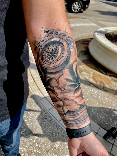 Compass And Palm Tree Tattoo, Nature And Water Tattoo, Compass Palm Tree Tattoo Design, Caribbean Map Tattoo, Realism Palm Tree Tattoo, Compass With Trees Tattoo, Palm Tree Tattoo Men Forearm, Palm Tree Half Sleeve Tattoo, Beach Compass Tattoo