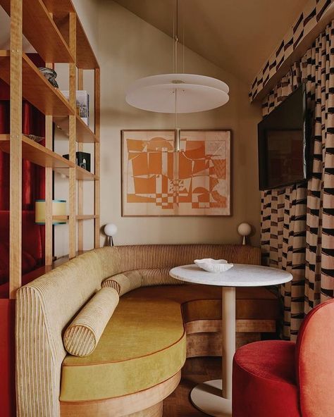 All Posts • Instagram Window Seat Ideas, Fabric Wrapping, Red Drapes, Yellow Curtains, Neutral Color Palette, Honey Yellow, Sight Unseen, Private Dining Room, The Lobby