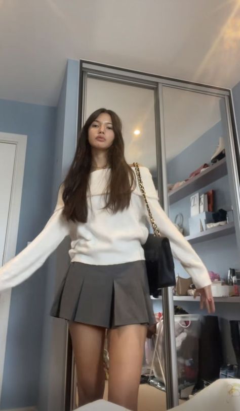 Fancy Fits Aesthetic, Aesthetic 2010s Outfits, Preppy White Outfit, Charcoal Skirt Outfit, Skirt Fits Winter, Outfits With White Long Sleeve, Semi Formal Skirt Outfit, Knit Set Outfit Women, School Friendly Outfits