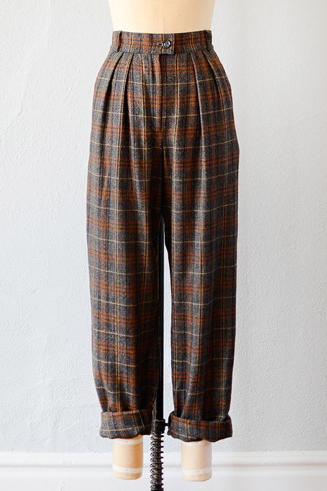 1990s plaid wool high waist trousers Dark Orange Aesthetic Vintage, Cottagecore Trousers, Cottagecore Pants, Brown Plaid Pants, Plaid Trousers, High Waist Trousers, Adored Vintage, Vintage Trousers, Retro Mode