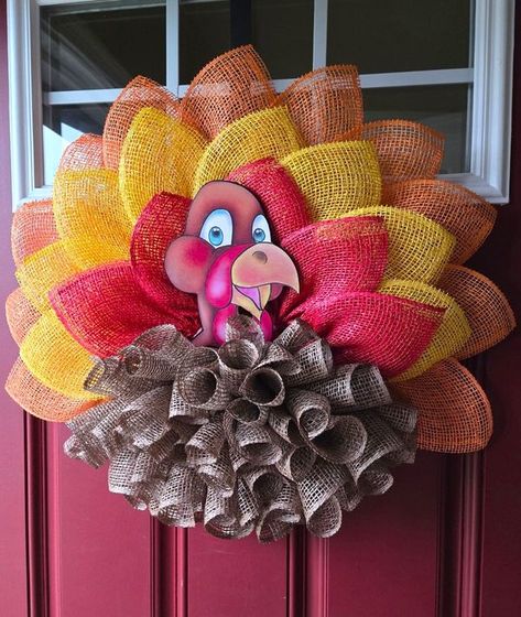 Fall Mesh Wreath, Turkey Head, Deco Mesh Crafts, Fall Mesh Wreaths, Turkey Wreath, Burlap Mesh Wreath, Fall Deco Mesh, Beaver Falls, Deco Mesh Wreaths Diy