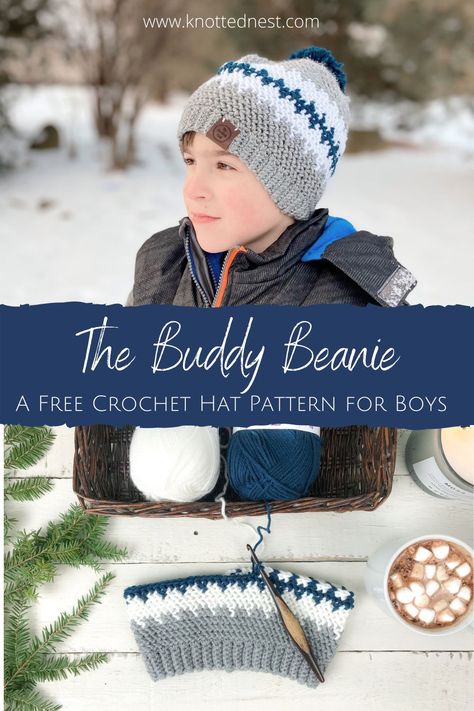 Your little buddy will love The Buddy Beanie! This free crochet hat pattern was inspired by my twin boys, but you can make this bottom up beanie for anyone! The pattern includes a colorwork chart and a photo tutorial for DIY pom poms! #freecrochetpattern #crochethatpattern #crochetbeanie #crochetforkids #crochetforboys #crochetgifts Crochet Gifts For Boys Kids, Crochet Hat Bottom Up, Boys Crochet Hat Pattern, Bottom Up Crochet Hat, Boys Crochet Hat, Boy Crochet Hat, Crochet Ideas Aesthetic, Plush Ideas, Free Crochet Hat Pattern