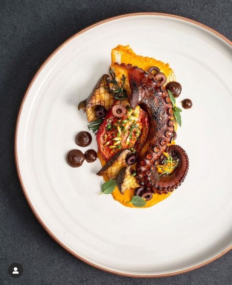 Octopus Dish Plating, Octopus Plating, Fancy Seafood Dishes, Octopus Dishes, Octopus Food, Food Arrangement, Fancy Plates, Gastronomic Food, Sunday Ideas