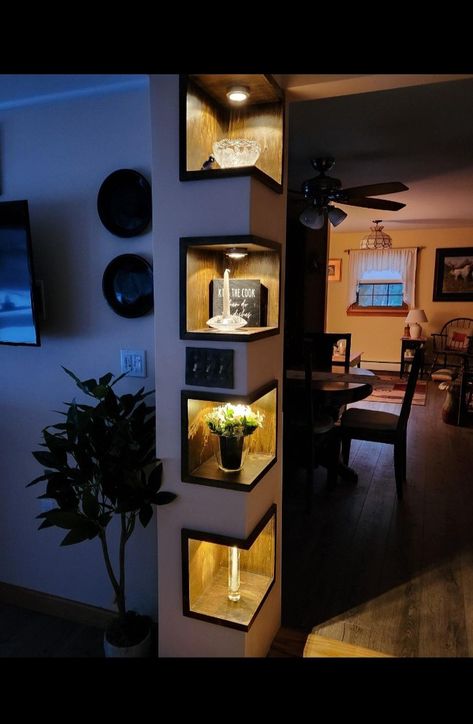 These are the shelves I made that went viral on tiktok. My customer had originally wanted to widen the doorway to her dining room, but the way the support for the second floor and plumbing chase was configured left us with this awkward corner that I couldn't take out without restructuring the house, which wasn't in the budget. I offered this solution to make the wasted space in the corner look like less of a design flaw and everyone loves the new addition. Doorway Corner Decor, Odd Corners In Living Room, Beautiful Corners In The House, Corner Wall Decorating Ideas, Corner Shelves Design, Decorate Empty Wall, Wall Shelf Desk, Corner Shelves Living Room, Black Wall Shelf