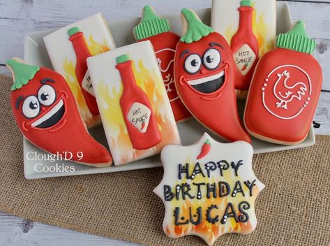 Amy Clough on Instagram: “A fun collection for a spicy food lover! #decoratedcookies #customcookies #spicyfood #marylandcookies #marylandcookier #cloughd9cookies” Spicy Food, Spicy Sauce, Custom Cookies, Spicy Recipes, Hot Sauce, Birthday Theme, Cookie Decorating, Party Planning, Food Lover