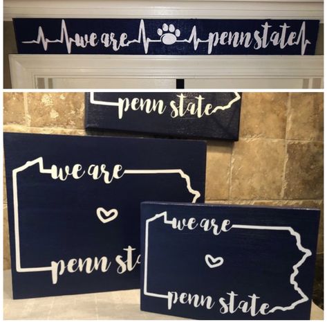 Multiple size options for PSU decor. Mdf wood/canvas/barnwood options. Painted with vinyl applies. Check out our Etsy store for more info. #college #psu #pennstate #pennsylvania #collegefootball #collegedorm #collegegraduation #graduation #collegelife #christmasgifts #weare #pennsylvania #fans #fansign #collegedormrooms #nittanynation #beaverstadium Wood Presents, Party Outfit College, State Decor, College Party, State Signs, Decorative Crafts, College Parties, Dorm Ideas, Grad Gifts