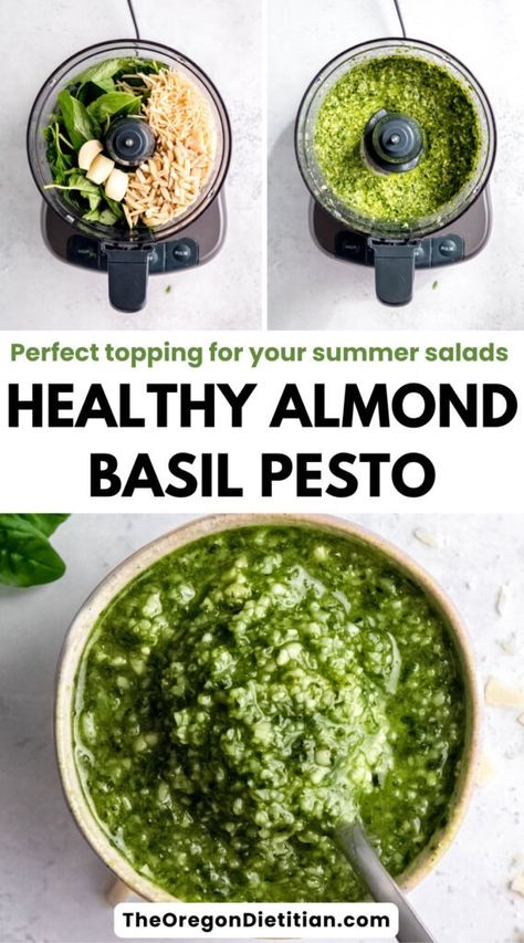 Take your summer meals to the next level with this simple, nutty almond basil pesto recipe. Made without pine nuts, this pesto is not only packed with fresh flavors but also perfect as a healthy and budget-friendly topping. Made with just 6 ingredients, enjoy the flavors of fresh basil and rich parmesan combined with the crunch of almonds. Make this simple pesto recipe today! #summerrecipes #homemadepesto Basil Pesto Recipe Without Pine Nuts, Simple Pesto Recipe, Pesto With Almonds, Almond Pesto Recipe, Basil Pesto Recipe, Pinto Bean Recipes, Almond Pesto, Healthy Pesto, Basil Pesto Recipes