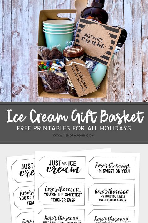 Ice Cream Gift Basket Printables for any Ice Cream Lover! All they have to do is Add Ice Cream! #giftbasket #giftidea Ice Cream Gift Basket, Ice Cream Gift, Christmas Neighbor, Chocolate Cookie Dough, Easy Diy Gifts, Get Well Gifts, Gift Basket Ideas, Neighbor Gifts, Ice Cream Flavors