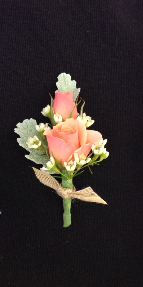 Coral spray roses, and white wax flower boutonniere with burlap accent by Nancy at Belton hyvee. Wax Flower Boutonniere, Wedding Flowers Candles, White Wax Flower, Coral Wedding Themes, Peach Wedding Colors, Flower Girl Wreaths, Coral Wedding Flowers, Prom Corsage And Boutonniere, Flower Boutonniere