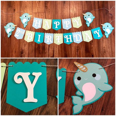 Narwhal Birthday Party, Narwhal Party, Cute Narwhal, Ocean Birthday Party, Ocean Birthday, Beach Birthday, Bag Toppers, Happy 2nd Birthday, Name Banners