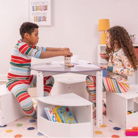 Enhance the look of your playroom or bedroom effortlessly with this modern gray and white set. It offers practicality with built-in storage compartments under the chairs, keeping craft supplies, books, and toys organized. Ideal for smaller spaces, the chairs slide under the table, saving valuable floor space. User-friendly handles and floor-friendly rubber feet make it a convenient and stylish choice for parents and their little ones. Animal Storage Ideas, Lego Activity Table, Stuffed Animal Storage Ideas, Kids Table With Storage, Toddler Play Table, Kids Craft Tables, Diy Kids Table, Kids Table And Chair, Playroom Table